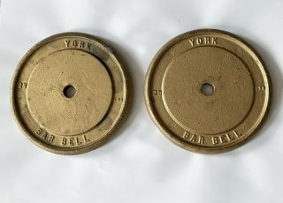 York Barbell Two 25 Lbs Standard 1 1/4 Plates Gold Weights Vintage 50lbs Total