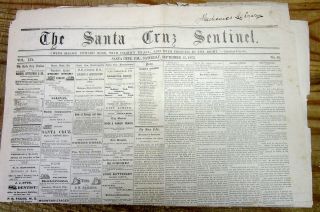 Rare 1873 Santa Cruz Sentinel Newspaper California - 140 Years Old