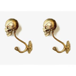 2 Mediu Skull Hooks Polished Hevy Brass Old Vintage Style Antique 6 " Long B