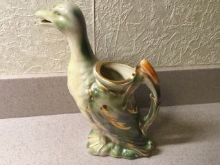 Large 9 1/2” Green Vintage Ceramic Mallard Duck Planter With Gold Trim
