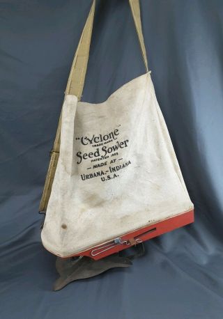 Vtg Canvas/wood Cyclone Seed Sower Hand Crank Seed/fertilizer Spreader