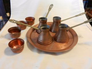 Vintage Hand Made Copper Coffee Serving Set,  Tray,  4 Cups,  4 Mugs