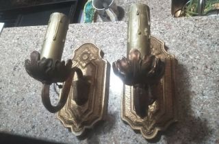 Set Of 3 Antique Gothic Craftsman Cast Iron & Brass Wall Sconces Light Fixtures