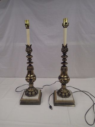 Pair 2 Tall Brass Table Lamps Hollywood Regency Mid - Century Vintage Matching
