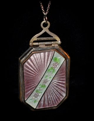 Lovely Antique 800 Silver Hand Painted Enamel Guilloche Locket Necklace