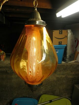 Mid Century Modern Retro Hanging Swag Light/Lamp Amber Glass Vintage 3