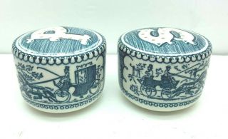 Vintage Blue Willow And White Horse Drawn Carriage Salt And Pepper Shakers