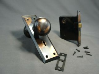 Vintage Japanned Steel Brass Door Knobs Mortise Lock Set Key