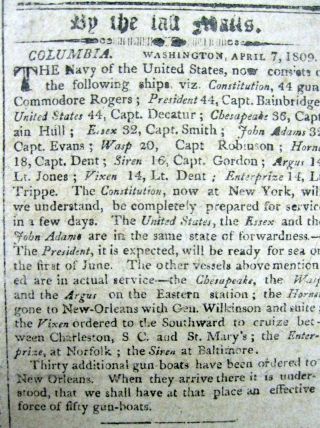 1809 Newspaper Wth Pre War Of 1812 Description Of Us Navy Ships Uss Constitution
