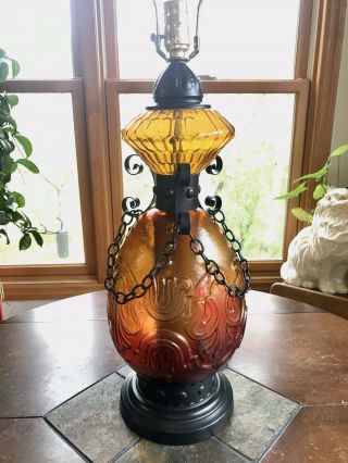 Spanish Revival Table Lamp Ruby Red To Amber Glass Gothic Mid Century Vintage