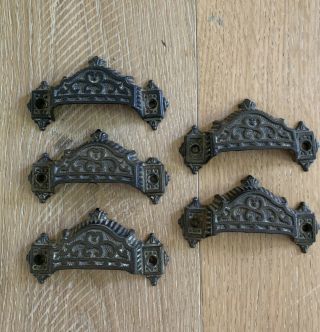 5 Rare 1870’s P&w Cast Iron Gothic Victorian Bin Pulls Cup Antique Hardware