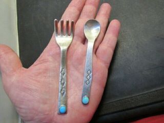 Vintage Navajo Native American Sterling Silver Blue Turquoise Baby Spoon & Fork