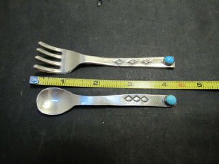 Vintage Navajo Native American Sterling Silver Blue Turquoise Baby Spoon & Fork 2