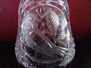 Cut Clear Glass Bell With 3 Etchings Of A Bird On A Branch - 8 Inch Tall