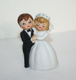 Vintage Lefton Bride & Groom Porcelain Bell Figurine Cake Topper Foil Label