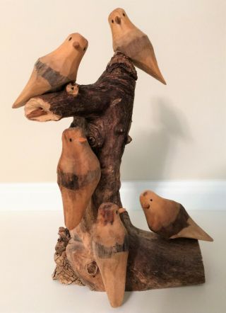 Handcarved Birds On Tree Branch By Hector Rascon,  Mexico (1957 - 2017) Signed