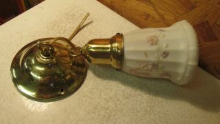 Antique Brass Pendant Light Fixture & Floral Milk Glass Shade Shade
