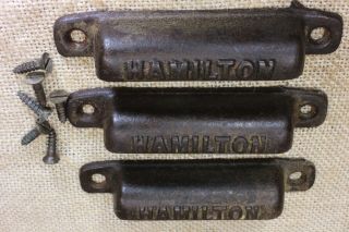 3 Old Drawer Pulls Handles Hamilton Offset Type Storage Vintage Rustic Cast Iron