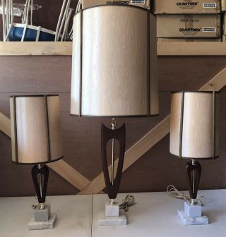 Vtg 3pc Set Mid Century Modern Danish Wood Table Lamps Marble Italy Lamp Shades