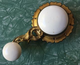 Antique Victorian Era Hand Crank Doorbell White Porcelain Knob Ornate Hardware