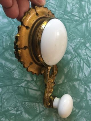 Antique Victorian Era Hand Crank Doorbell White Porcelain Knob Ornate Hardware 2