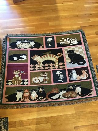 Cats Throw Blanket Fishbone Lap Tapestry Decorative Woven Cotton Afghan 57x47”
