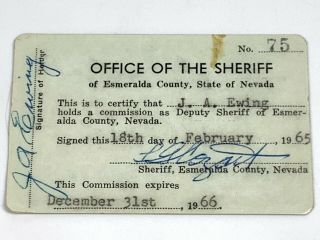 Vintage Deputy Sheriff’s Department Id Card 1960’s 1965 Esmerelda County Nevada