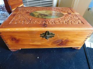 Vintage 1940s Cedar Wood Chest Jewelry Trinket Box Hand Carved Dove - Tail
