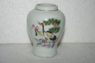 Miniature Hand Decorated White Porcelain Vase Two Iconic Japanese Crane Birds