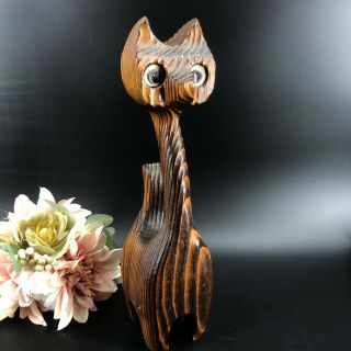 Vintage Mid Century Modern Hand Carved Wooden Cat Figurine 13” Tall Wood