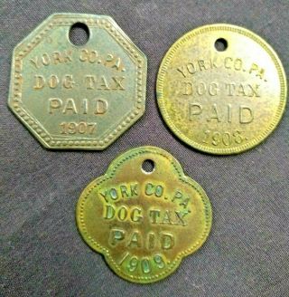 Vintage Rare 1907 1908 1909 York County,  Pa Dog License 3 Tag Set