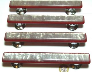 4x Vintage Art Deco Style Red & Pearl Lucite & Chrome Pull Handles 1950s Ref60