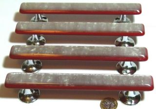 4x VINTAGE ART DECO STYLE RED & PEARL LUCITE & CHROME PULL HANDLES 1950s REF60 2