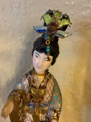 Wealthy Estate Chinese Cloisonne Vintage Figure Geisha Gold Lady Bird In Hair