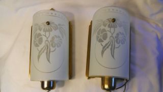 Pair 2 Antique Art Deco Wall Sconce Floral Etched Slip Shade Wall Light Fixture