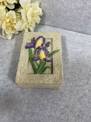 Vintage Hand Painted Resin Embossed Square Trinket Box Iris Flowers