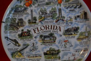 Vintage Florida The Sunshine State Souvenir Plate 7 1/4 " W/ Metal Hanger