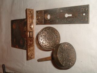 Antique Victorian Bronze Russell & Erwin Aesthetic Set Door Knobs,  Plate Lock