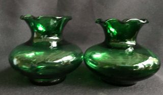 Two Mid Century Vintage Emerald Green Glass Small Ruffled Top Edge Vase