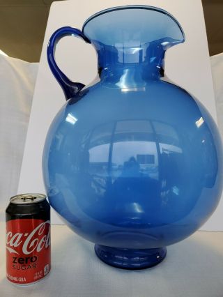Vintage Blenko Large 16.  5 " Tall Cobalt Blue Hand Blown Glass Pitcher Carafe Vase