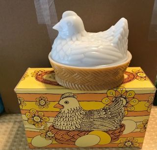 Avon Hen On Nest Covered Dish Milk Glass With Colored Base W/soap & Box