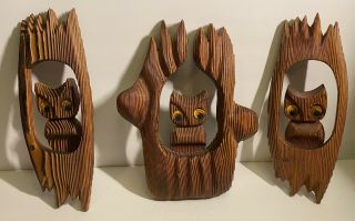 Set Of 3 Vintage Witco Owl Wood Carved Owls Burnt Wood Retro Mcm Wall Art Decor