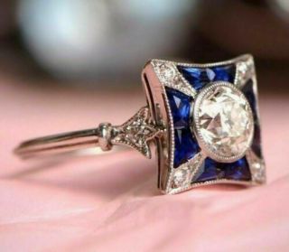 1.  68 Ct Round Diamond & Sapphire 14k Gold Over Vintage Art Deco Engagement Ring