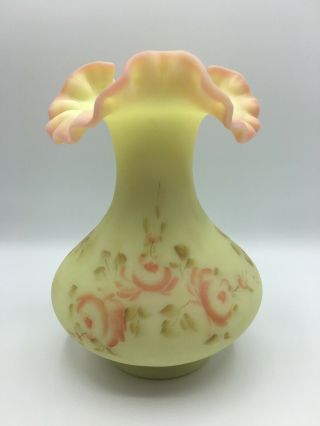 Vintage Fenton Burmese Satin Glass Vase With Hand Painted Flowers Signed