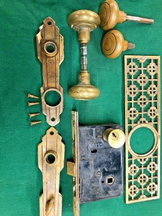 Vintage Yale Mortise Lock Set - Brass Knobs,  Both Trim Plates And More