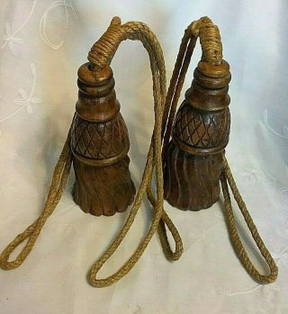Antique Vintage Pair Hand Carved Wood Tassel Curtain Drape Hold Backs 2