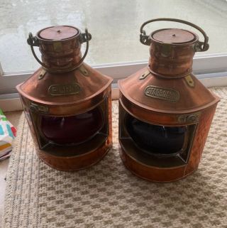 Vintage Tung Woo Copper Port & Starboard Nautical Ship Oil Lanterns/lamps - Pair