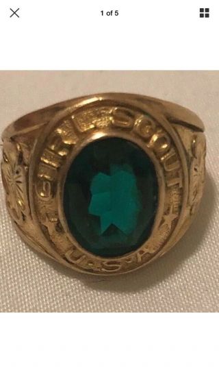 Vintage Gold Filled Green Stone Girl Scout Ring Adjustable Band - 14kt Gold