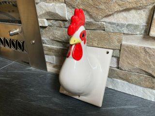 Vintage Ceramic Chicken Rooster Head Towel Apron Holder Wall Hook Farmhouse
