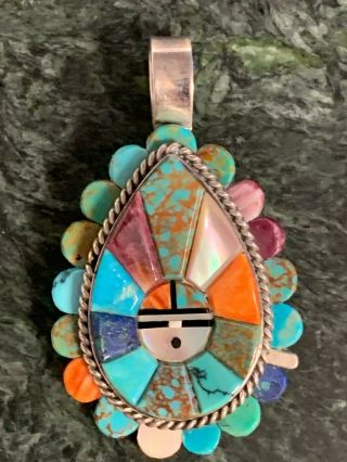 Vintage Zuni Navajo Sterling Silver Multi - Stone Pendant Inlay By Bessie Manning